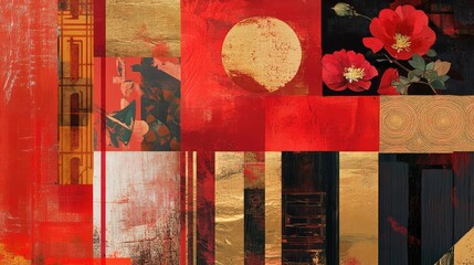 Modern abstract collage blending red floral patterns, golden motifs, and layered geometric shapes.