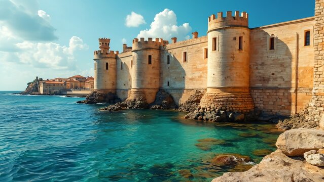 Majestic Coastal Castle, Ancient Stone Walls, Turquoise Waters, Sunny Day - Medieval Fortress by the Sea