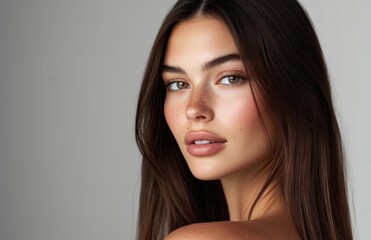 Naklejka premium Portrait of a Beautiful Woman with Freckles and Long Brown Hair