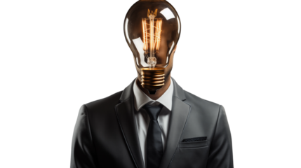 A professional with a glowing light bulb concept, symbolizing leadership and strategic thinking, studio view, isolated on transparent background.