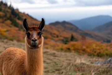 Obraz premium A curious llama gazes at the camera in a colorful autumn meadow, capturing the charm of wildlife amidst the beautiful seasonal changes of nature’s palette.