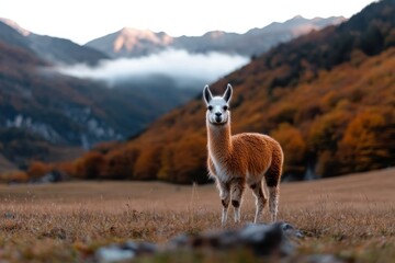 Fototapeta premium A beautiful llama stands gracefully in a scenic mountain landscape with vibrant autumn colors, showcasing nature's beauty and the serene atmosphere of this environment.