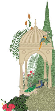 Traditional Indian Mughal arch garden, peacock, parrot plant vector illustration with isolated background