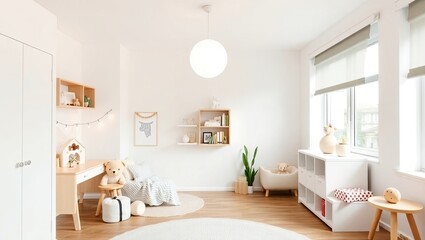 Fototapeta premium A light-colored, Scandinavian-style children's room with a modern minimalist design serves as the background in this stock photo.