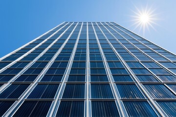 Tall Modern Building with Solar Panels Under Clear Blue Sky
