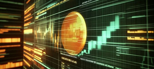 Green Financial Chart With Glowing Orange Coin, Abstract Background With Digital Grid And Numbers
