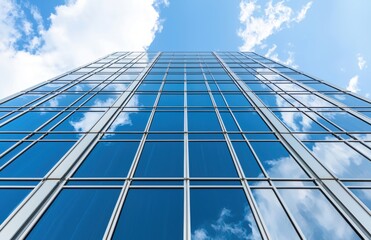Modern Glass Building Exterior Under Blue Sky with Clouds