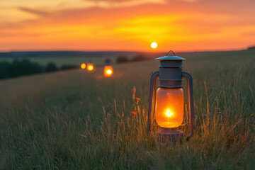 A Scenic Countryside View At Dusk Adorned With Lanterns Twinkling For Ramadan