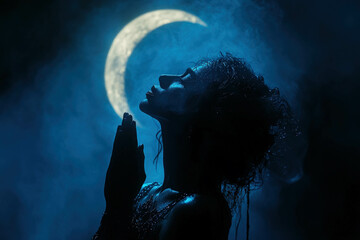 A Silhouette Of A Woman Praying With The Crescent Moon In The Background