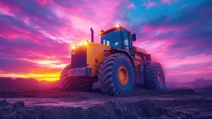 Powerful tractor at sunset in a field.