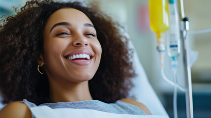 Female patient with curly hair smiling during IV treatment, resting comfortably in medical setting