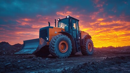 Fototapeta premium Powerful tractor at sunset on construction site.