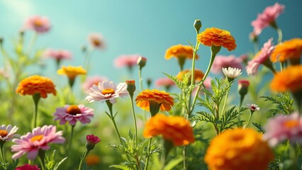 Obraz premium Vibrant Marigold and Zinnia Meadow, Sun-Kissed Flowers Cascading in a Lush Green Field
