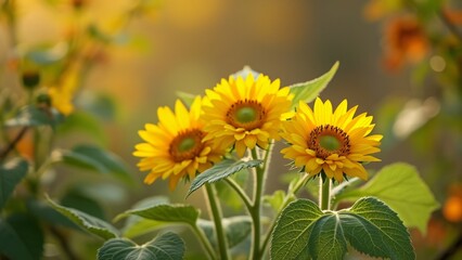 Obraz premium Bright Yellow Sunflowers in Autumn Foliage, Delicate Blooms with Blurred Green Background, Warm Bokeh Effect, Natural Lighting