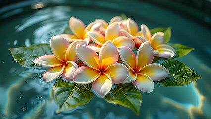 Obraz premium Serene Plumeria Flowers Floating on Teal Water, Tranquil Tropical Scene, Lush Bloom, Delicate Petals, Golden Light, Peaceful Oasis, Nature Photography