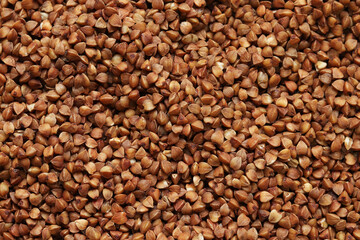 Buckwheat groats, top view. Raw large buckwheat grains, uncooked porridge. Buckwheat background. Raw buckwheat texture background, brown grains pattern