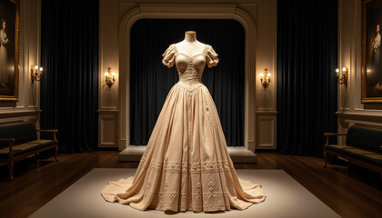 Naklejka premium Elegant vintage wedding gown displayed under soft lights in a classic gallery setting with rich history and artistic allure