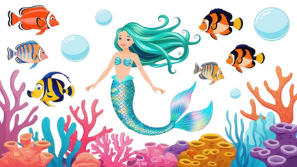 Fototapeta premium Mermaid swimming with colorful fish in coral reef underwater scene vibrant concept