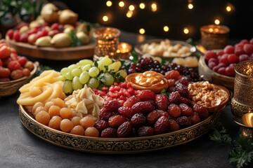Close-Up Of Beautifully Decorated Plates Of Dates, Fruits, And Sweets For Ramadan