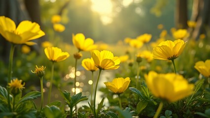 Obraz premium Vibrant Yellow Buttercup Meadow, Close-up of Delicate Flowers Swaying in Gentle Breeze, Sunny Background with Water Ripples
