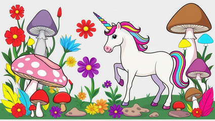 Obraz premium Magical unicorn surrounded by colorful mushrooms and flowers fantasy scene whimsical environment