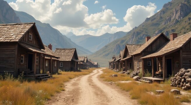 Dirt road between two wooden buildings and a dirt road