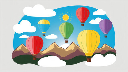 Naklejka premium Colorful hot air balloons flying over majestic mountains scenic illustration bright sky