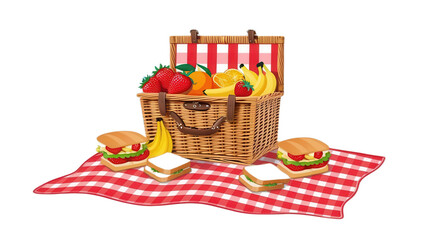 Picnic basket with sandwiches and fruit on red blanket outdoor setting digital illustration