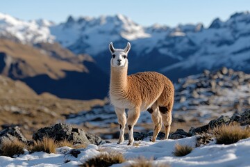 Fototapeta premium A stunning llama poses beautifully against a breathtaking snowy mountain backdrop, capturing the serene essence of nature's beauty and wildlife coexistence.