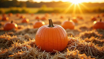 Vibrant pumpkin patch glistening under the warm autumn sun at sunset capturing the essence of harvest season