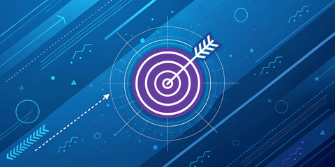 The digital design features a target with an arrow in the center surrounded by dynamic geometric shapes and lines on a blue background. The composition suggests themes of precision and focus. AI gener