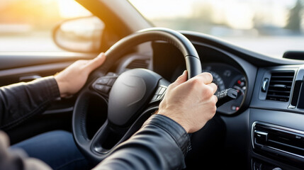 Driver grasping steering wheel, driving scenic highway during golden sunset, embodying travel freedom and adventure