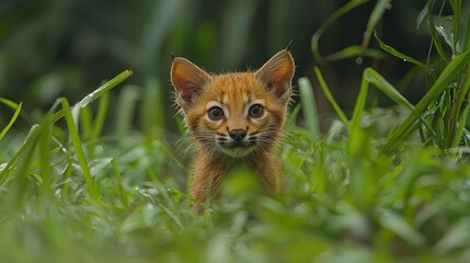 Obraz premium Cute baby Asian Golden Cat hiding in grass.