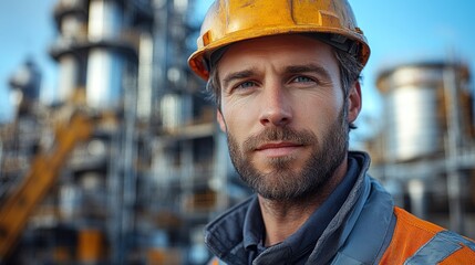 Confident engineer in hard hat at refinery.