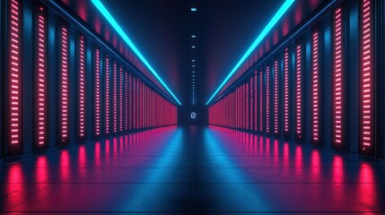 Fototapeta premium Dark server room corridor with neon lights.