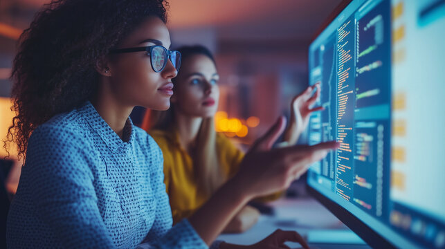 Two female programmers working late into the night, focused on analyzing complex code displayed on their computer screens