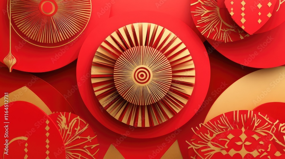 Fototapete Modern abstract paper-cutting New Year composition with symmetrical red and gold patterns and bold textures.