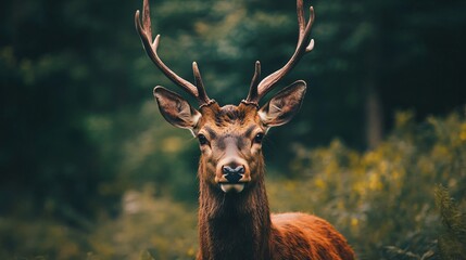 Deer with large antlers stands in a forest. Concept of wildness and natural beauty