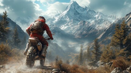 Obraz premium Motorcyclist on dirt road with majestic mountain view.