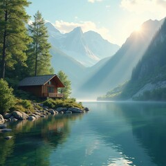 Obraz premium Cozy chalet situated on the shores of a tranquil lake surrounded by mountains, panoramic view - generative AI