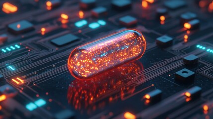Futuristic Capsule on Circuit Board with Glowing Particles Effect