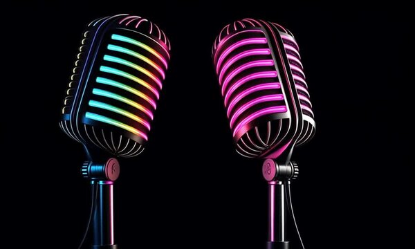 Two retro microphones with neon light accents, facing each other on a black background.