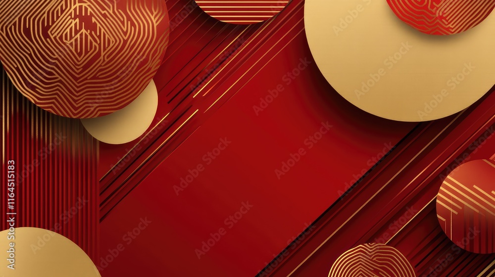 Fototapete modern chinese new year design with angular geometric patterns, combining rich red and gold tones fo