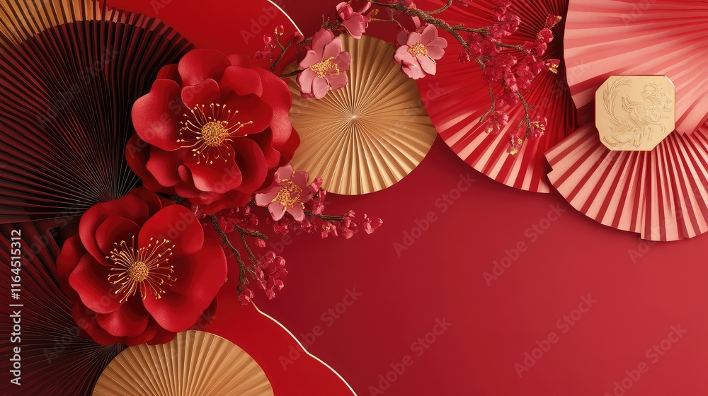 Fototapete modern chinese new year design with layered red and gold elements and a minimalist geometric structu