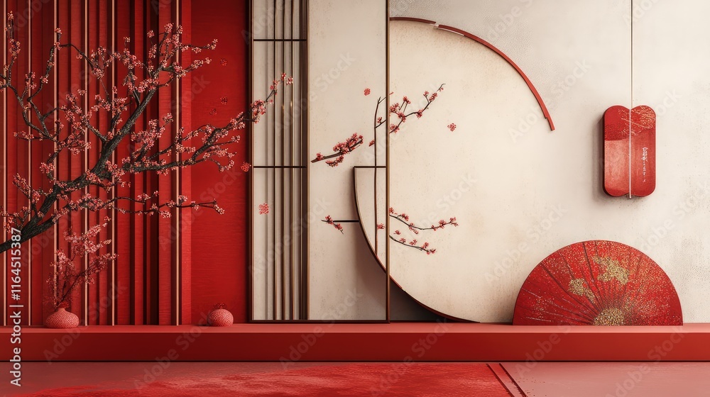 Fototapete modern chinese new year design with layered red and gold elements and a minimalist geometric structu