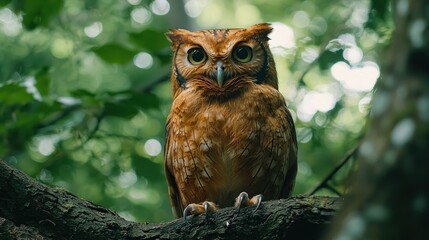 Eastern Screech Owl perched, staring intensely.