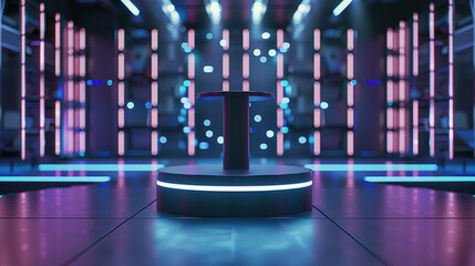 Futuristic Metal Podium with Matte Finish in High-Tech Showroom with Holographic Displays