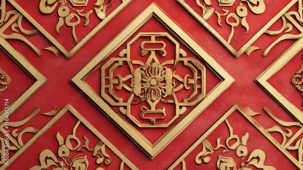 Fototapete modern chinese new year design with symmetrical geometric patterns in red and gold, symbolizing good