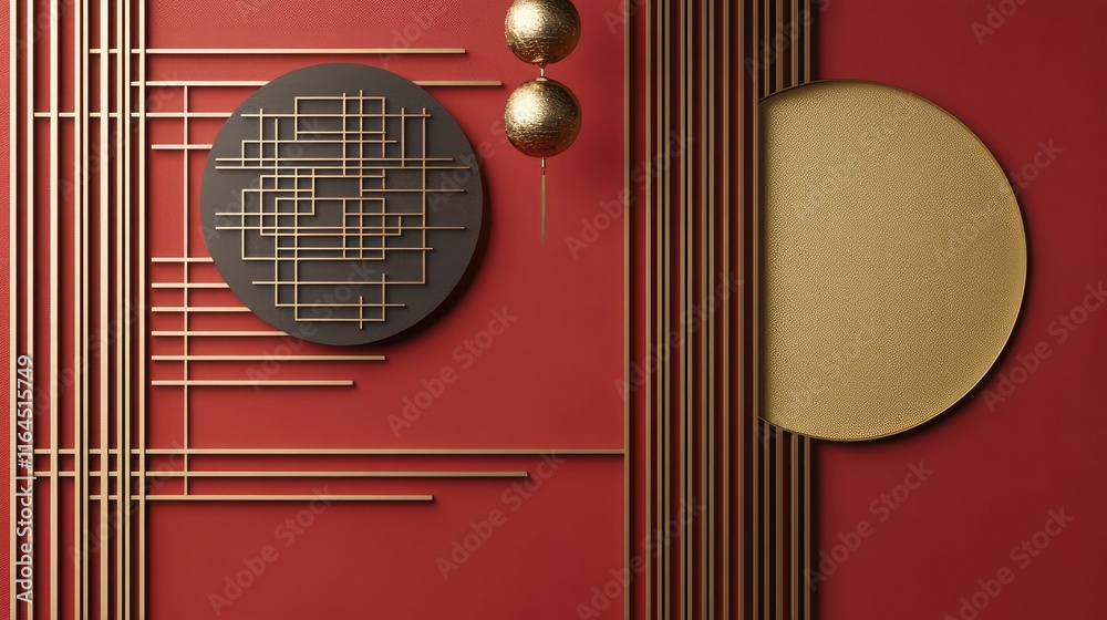 Fototapete modern chinese new year design with layered red and gold elements and a minimalist geometric structu