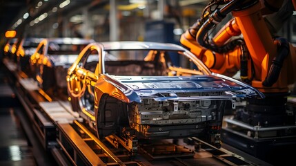 Fototapeta premium Modern Car Manufacturing Facility with Automated Robotic Arms - Generative AI